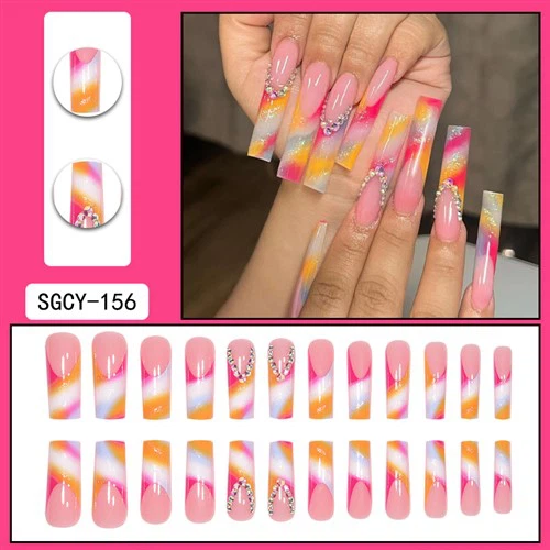 Rhinestone With Mixed Pink Color False Nails